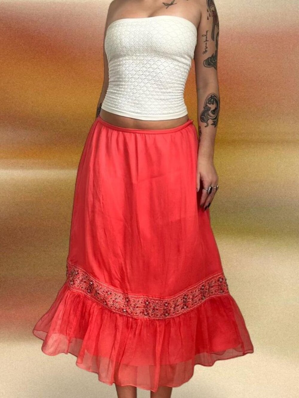Deadstock 100% silk vintage Spencer Jermey coral pink beaded maxi skirt ⭐️ Y2K